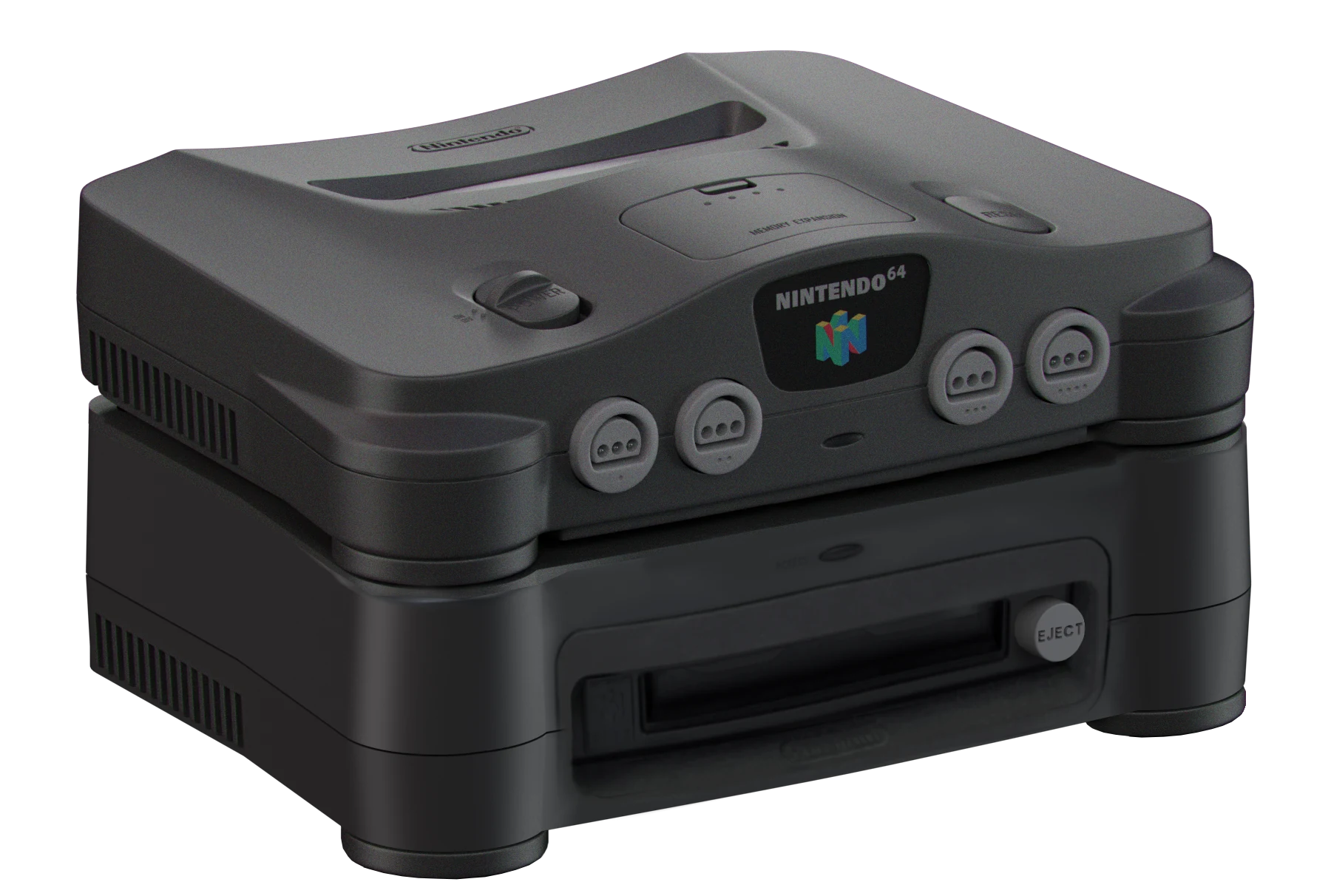 Nintendo 64 console with Nintendo 64DD expansion recreation