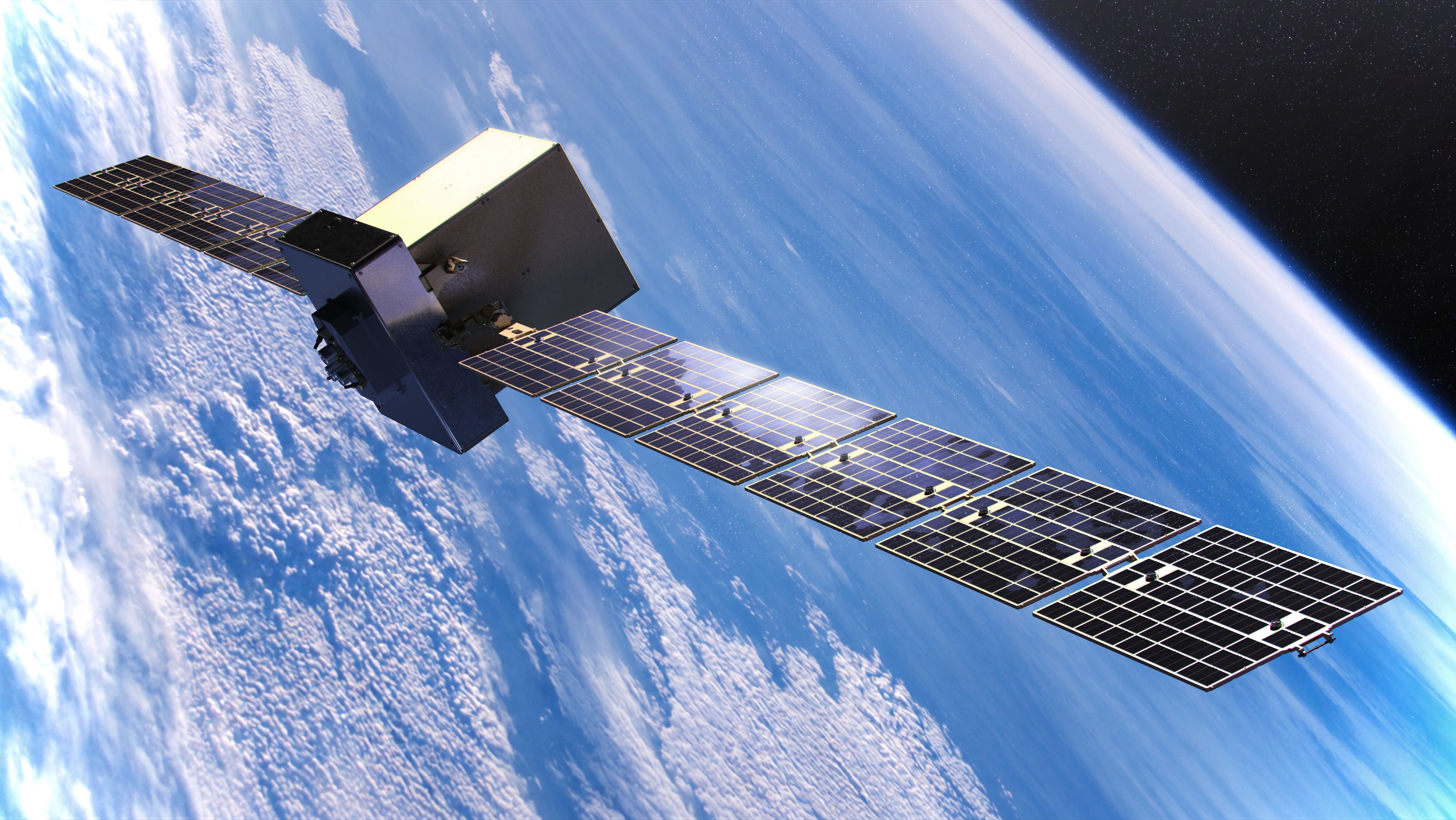 PIONEER satellite operating above Earth with both solar-array wings deployed