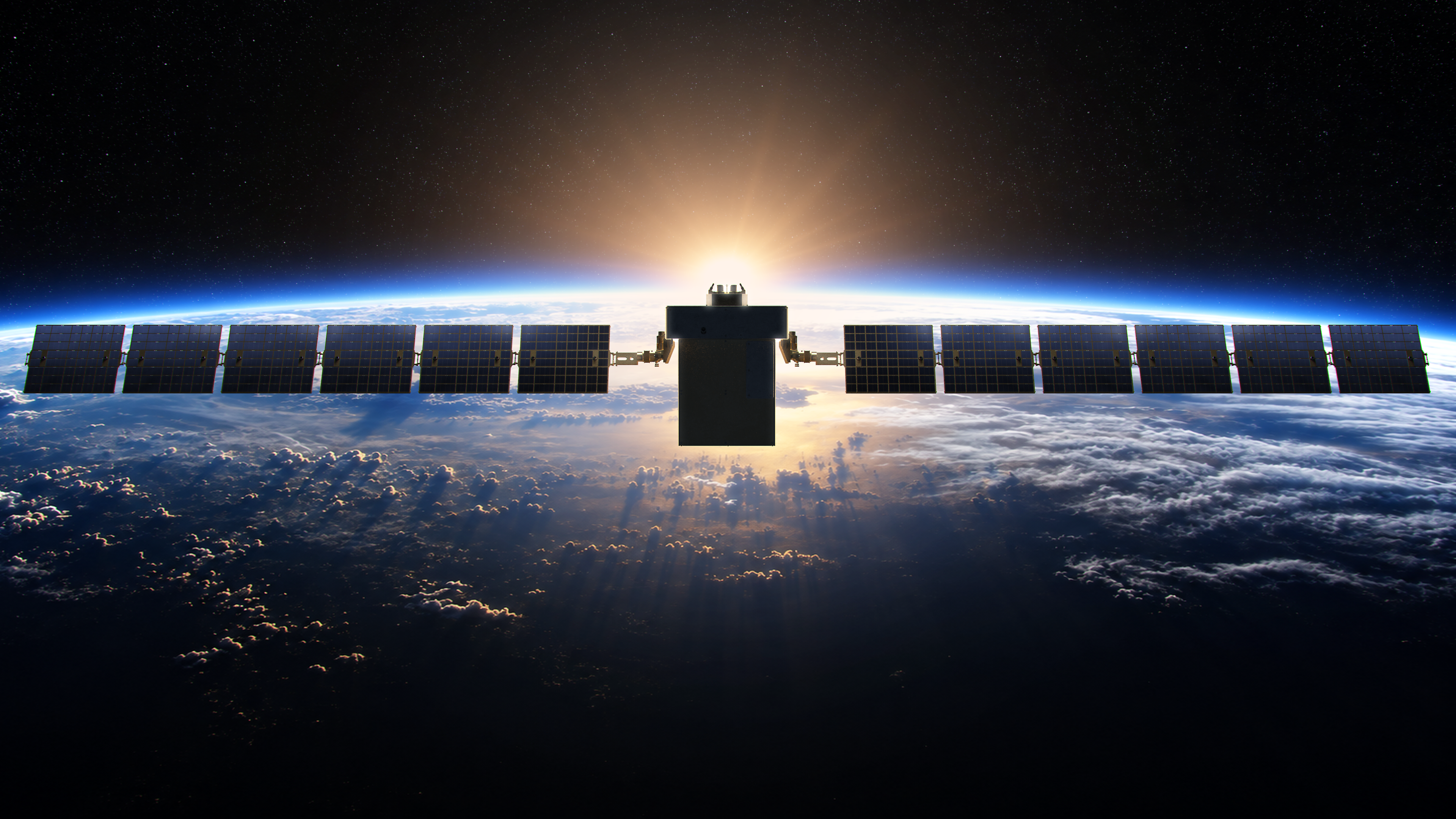 PIONEER satellite silhouetted by sunrise above Earth